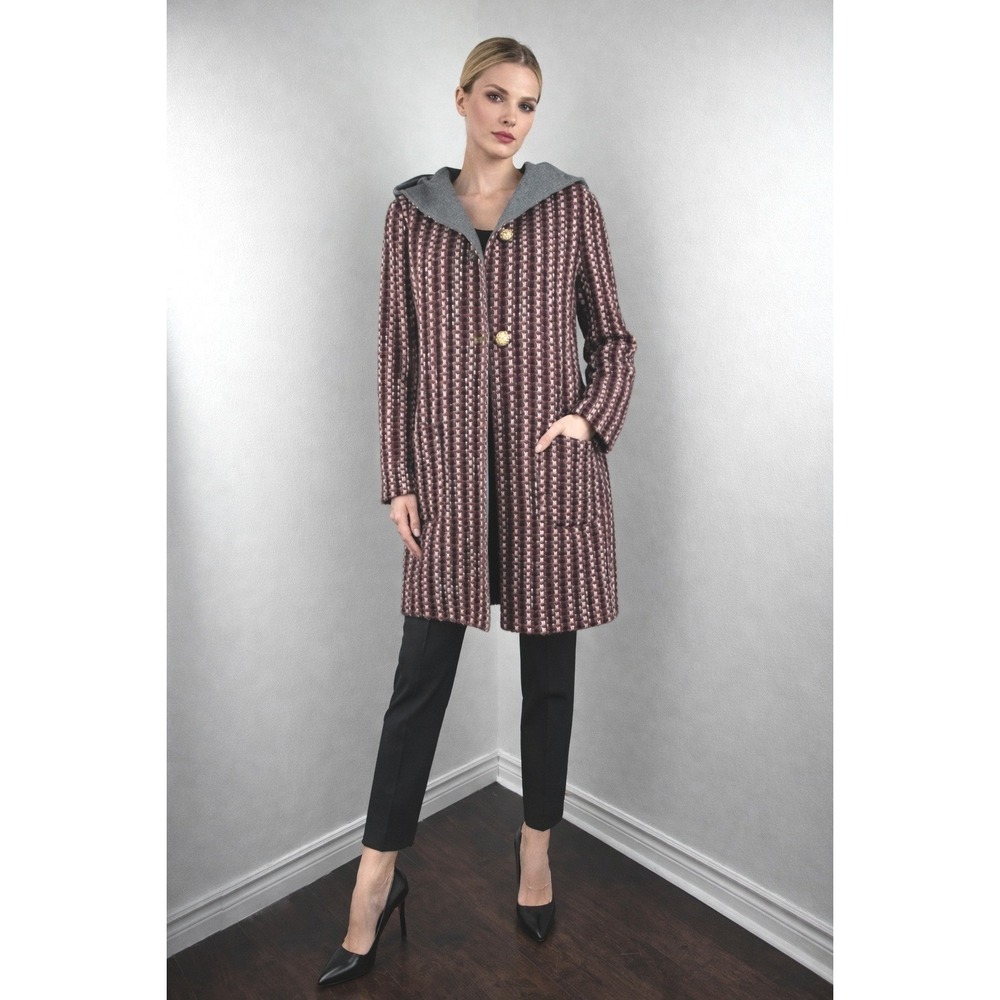 Tweed Hooded Coat Wool Blend Women M Gold Button‎ Jacket Made in Italy